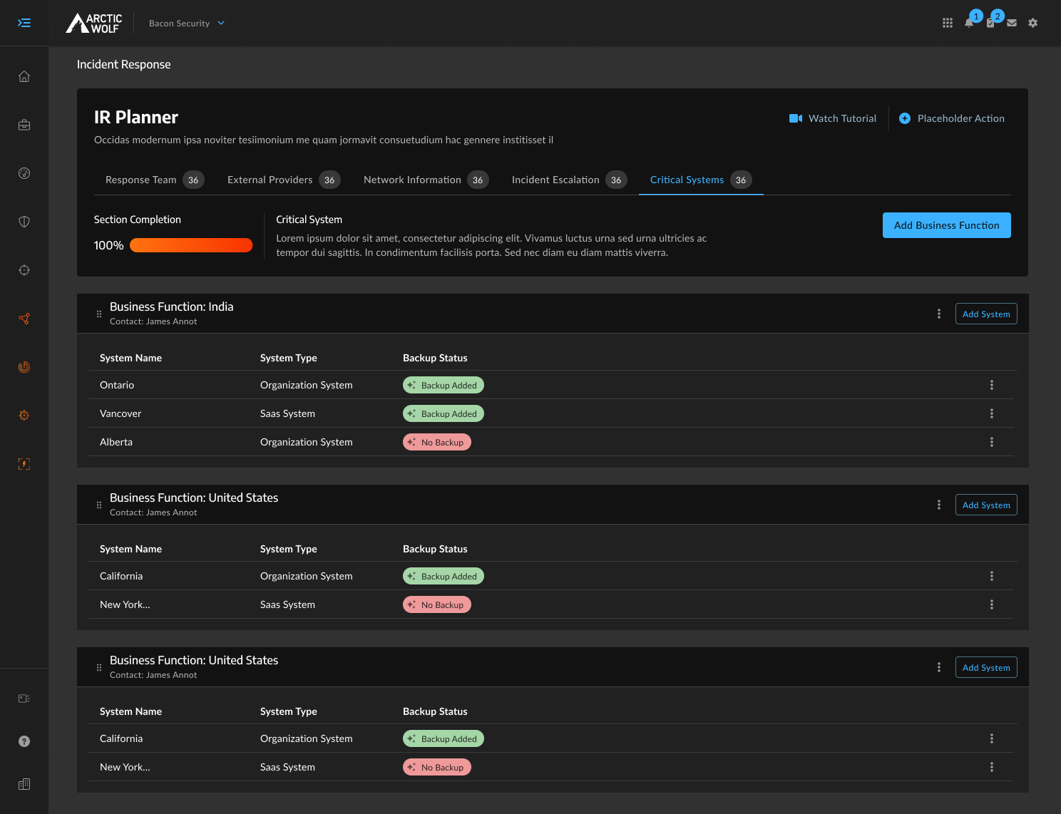 The shipped Critical Systems section, where every entered value is visible in the grid alongside search, column controls, filters and density settings